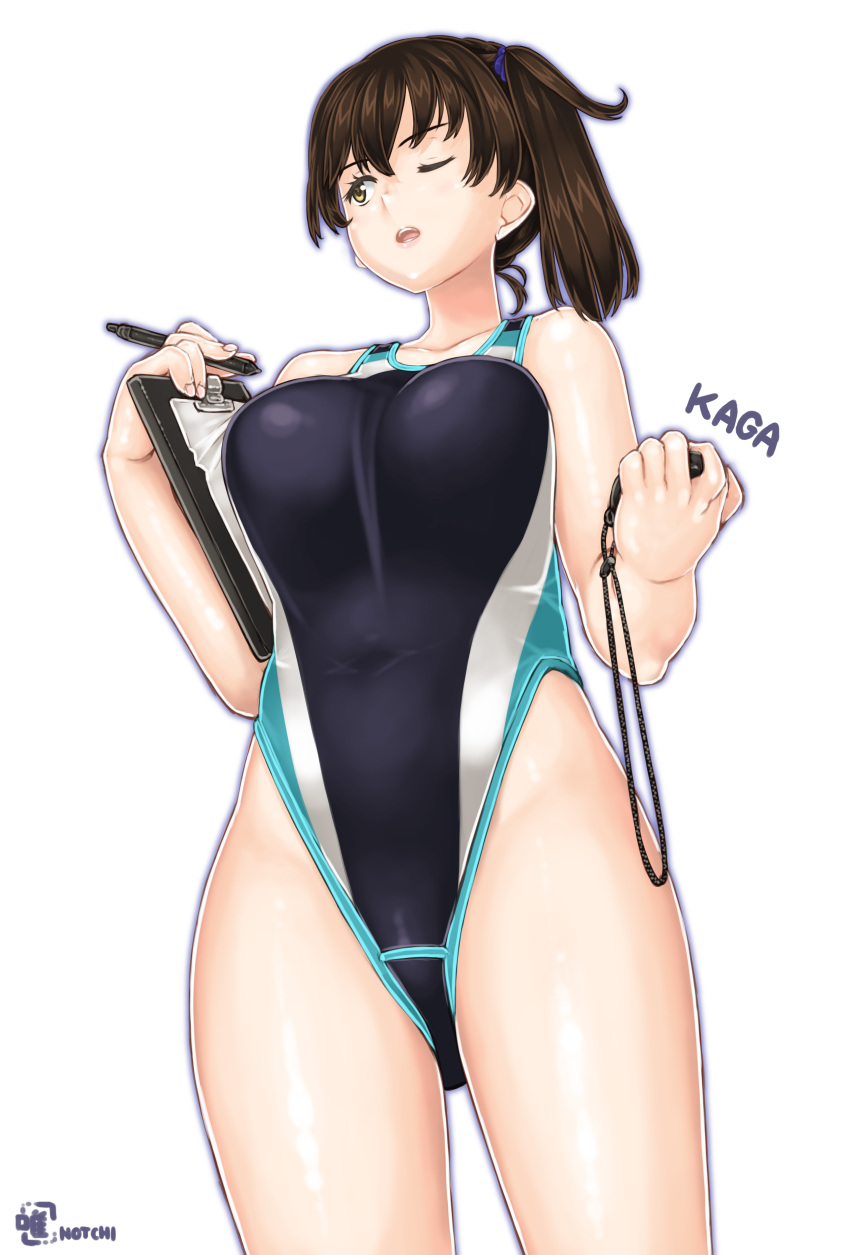 1girl, absurdres, alternate_costume, artist_logo, ass, black_swimsuit, breasts, brown_eyes, brown_hair, character_name, clipboard, collarbone, competition_swimsuit, covered_navel, eyebrows_visible_through_hair, hair_between_eyes, hair_ornament, highres, kaga_(kantai_collection), kantai_collection, large_breasts, lips, long_hair, looking_at_viewer, notchi, one-piece_swimsuit, one_eye_closed, open_mouth, pen, side_ponytail, smile, solo, standing, swimsuit, thighs, twitter_username, watch