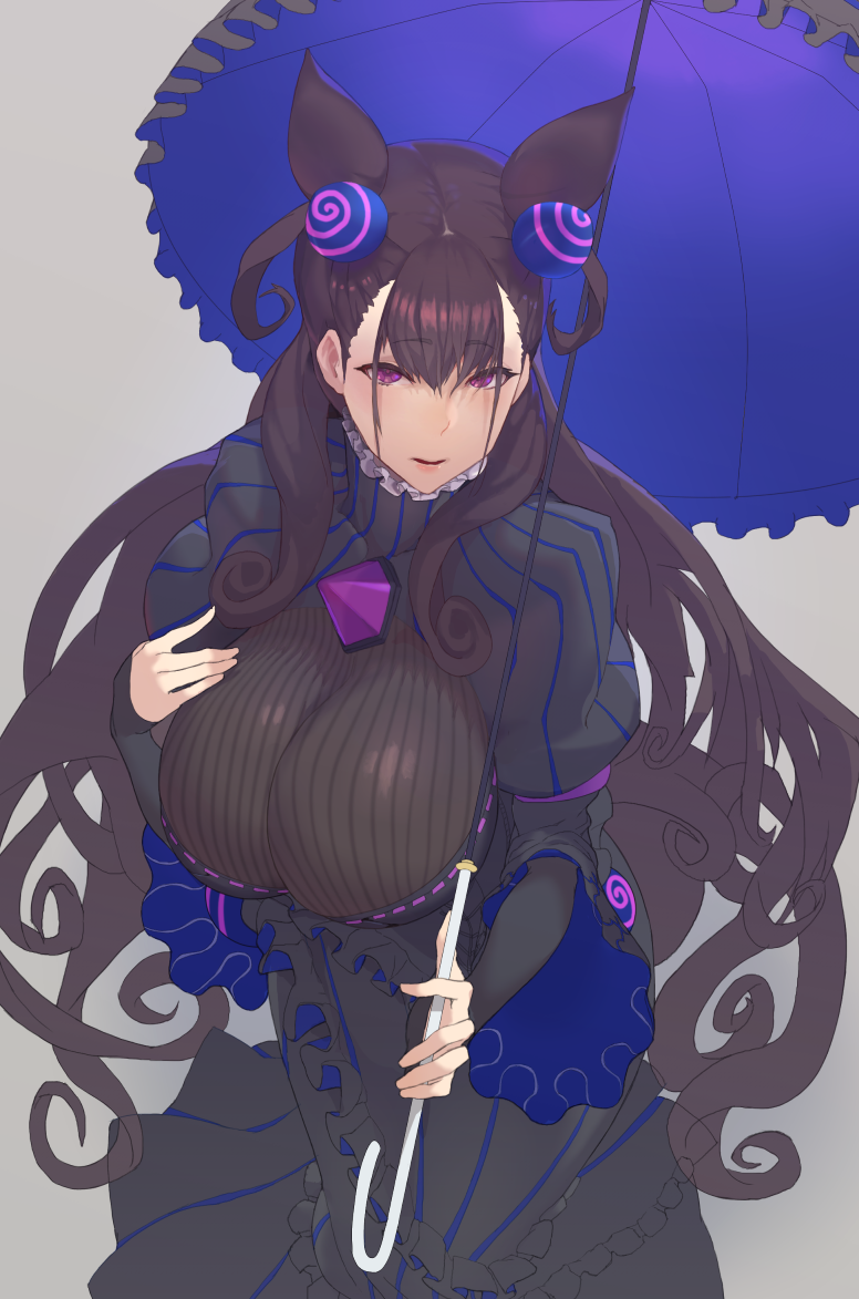 1girl, bangs, black_dress, blush, breasts, brown_hair, double_bun, dress