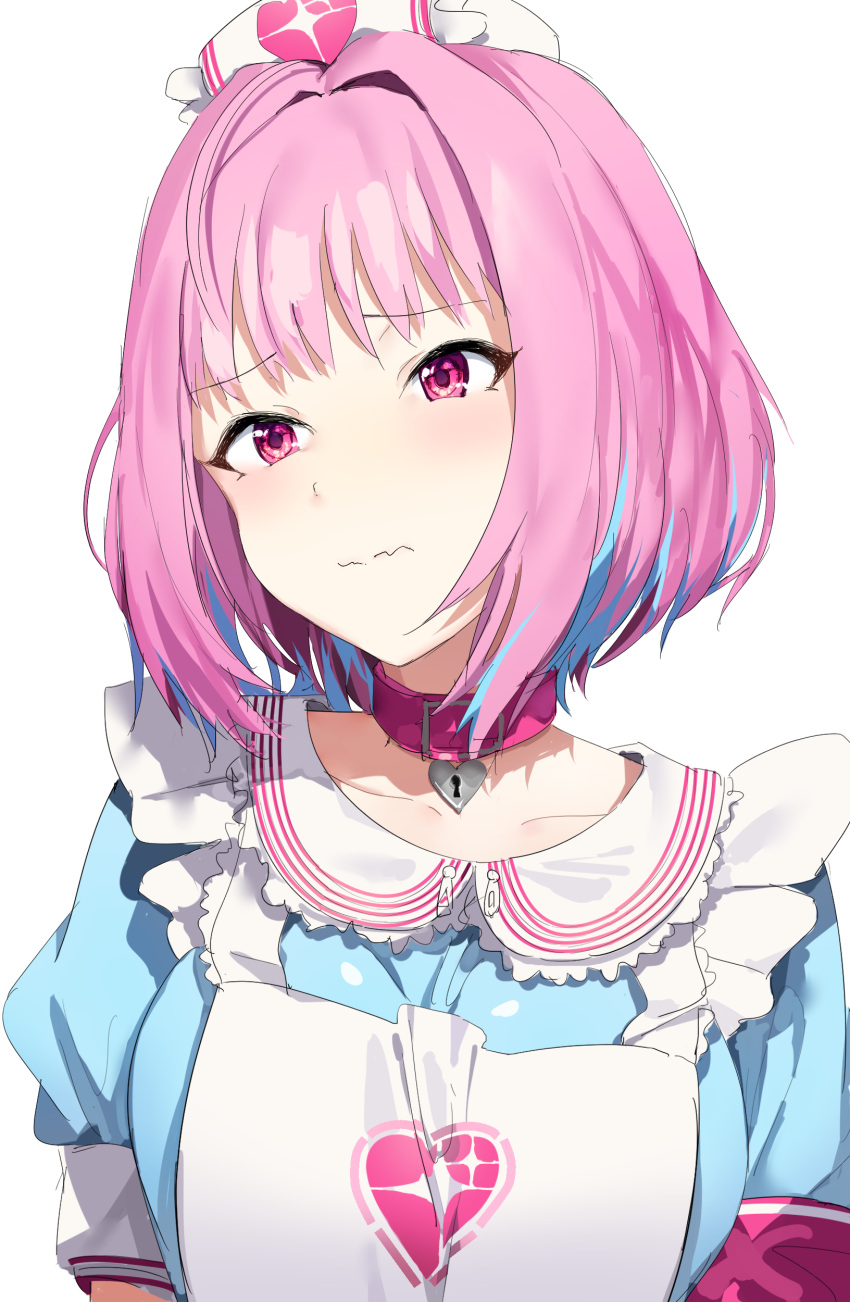 1girl, absurdres, apron, armband, bangs, blue_hair, closed_mouth, collar, collarbone, eyebrows_visible_through_hair, furrowed_eyebrows, hair_intakes, hat, highres, idolmaster, idolmaster_cinderella_girls, idolmaster_cinderella_girls_starlight_stage, lock, multicolored_hair, neko_(pixiv28238559), nurse_cap, pink_collar, pink_hair, puffy_short_sleeves, puffy_sleeves, short_hair, short_sleeves, simple_background, solo, two-tone_hair, upper_body, wavy_mouth, white_apron, white_background, white_headwear, yumemi_riamu