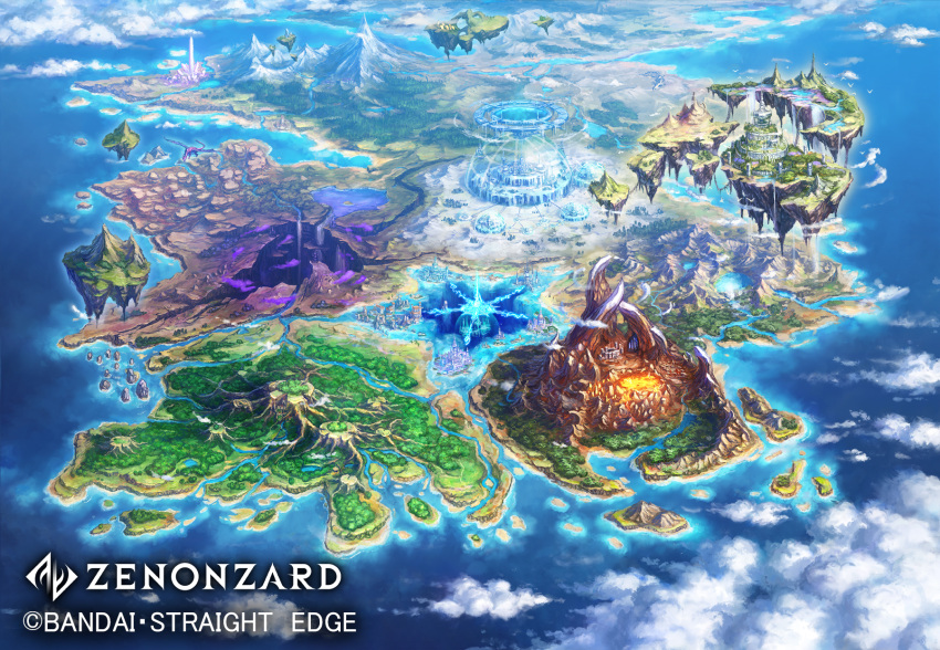 city, cliff, clouds, cloudy_sky, commentary_request, continents, day, dragon, fantasy, floating_island, from_above, highres, island, mountain, ocean, official_art, outdoors, scenery, shiki_makoto, sky, water, watermark, world_map, zenonzard