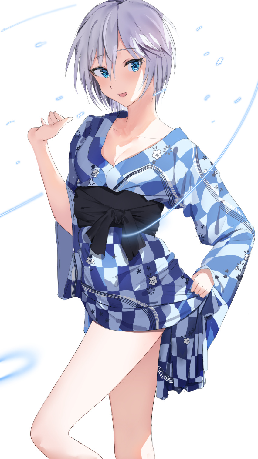 1girl, :d, anastasia_(idolmaster), bangs, blue_eyes, breasts, checkered, checkered_kimono