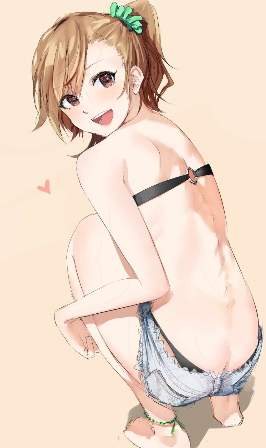 1girl, :d, bangs, bare_arms, bare_shoulders, barefoot, bikini, black_bikini