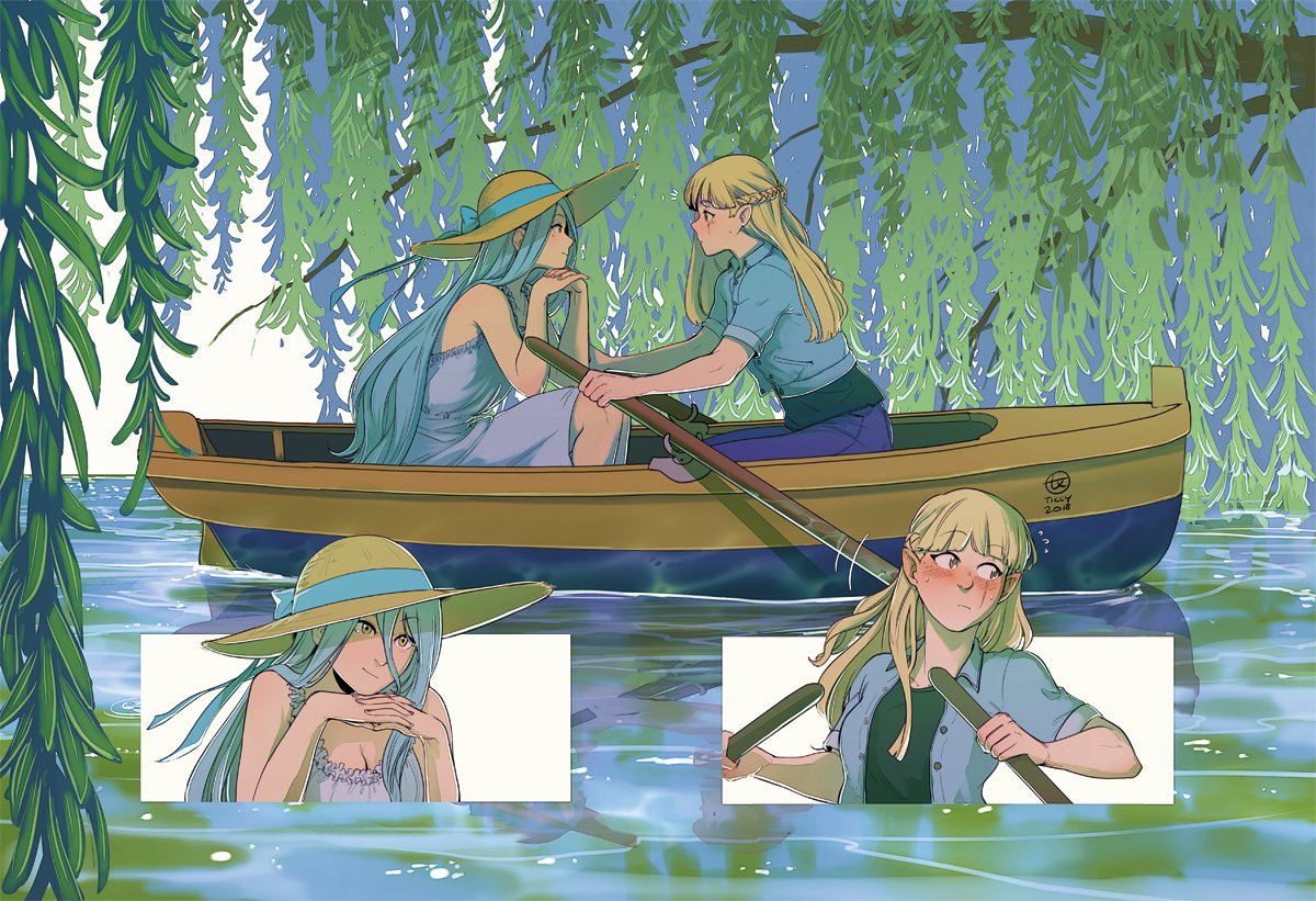 2girls, bangs, blunt_bangs, boat, braid, breasts, brown_eyes, casual