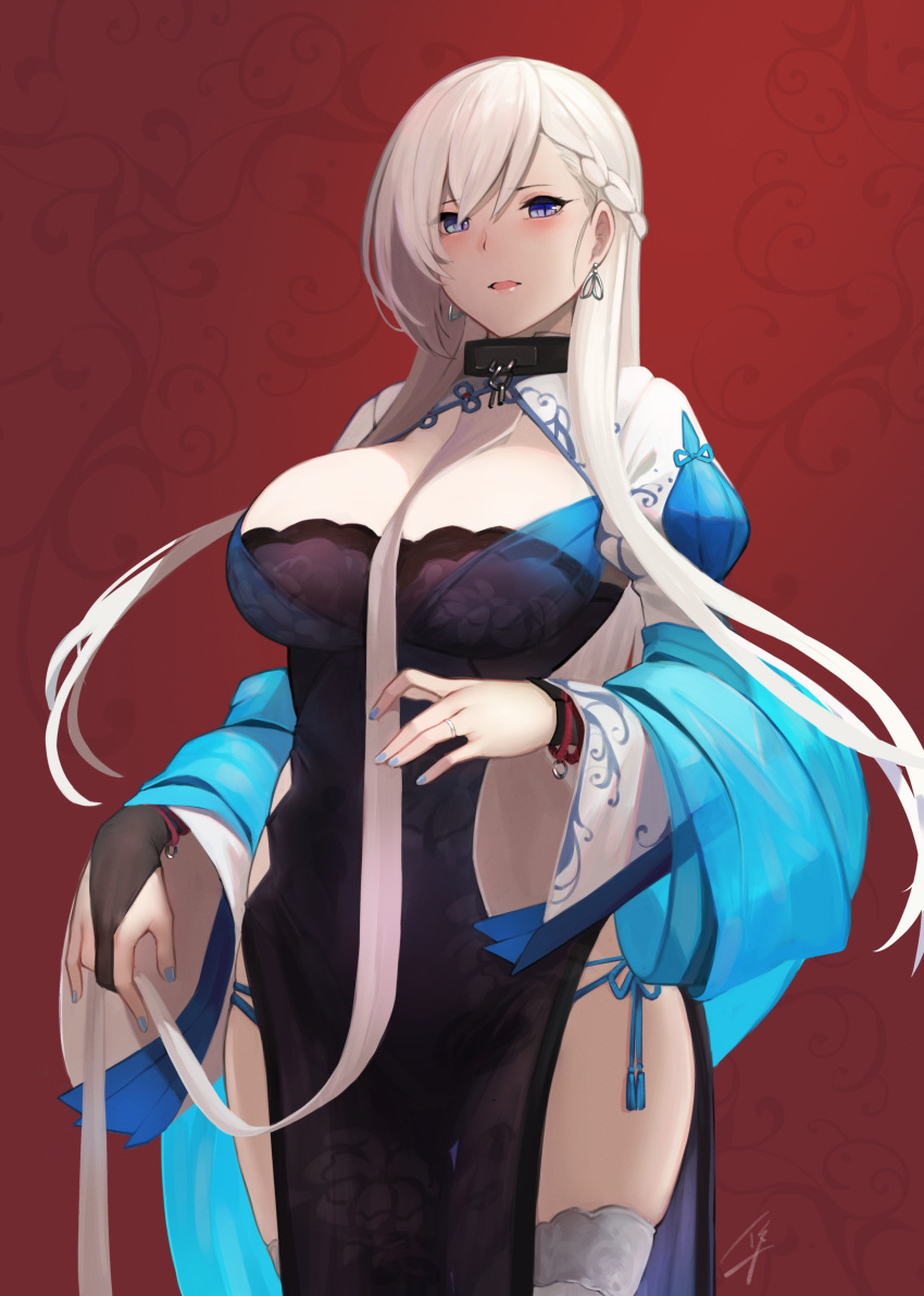 1girl, absurdres, alternate_costume, azur_lane, belfast_(azur_lane), belfast_(iridescent_rose)_(azur_lane), between_breasts, black_dress, black_gloves, blue_eyes, braid, breasts, china_dress, chinese_clothes, cleavage_cutout, collar, cowboy_shot, dress, earrings, elbow_gloves, from_below, gloves, hayabusa, highres, jewelry, large_breasts, long_hair, looking_at_viewer, nail_polish, paid_reward, panties, parted_lips, partly_fingerless_gloves, pelvic_curtain, ring, side-tie_panties, side_braid, side_slit, solo, string_panties, thigh-highs, thigh_gap, underwear, wedding_ring, white_legwear, wide_sleeves, wristband