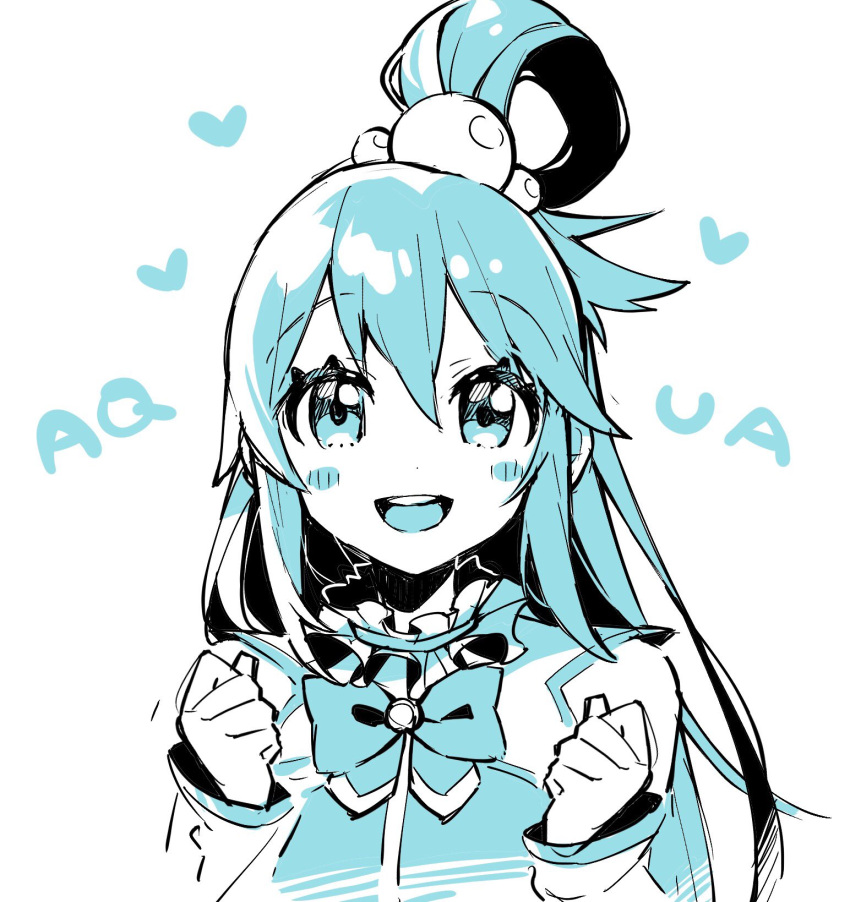 1girl, aqua_(konosuba), bare_shoulders, blue_eyes, blue_hair, blush, blush_stickers, character_name