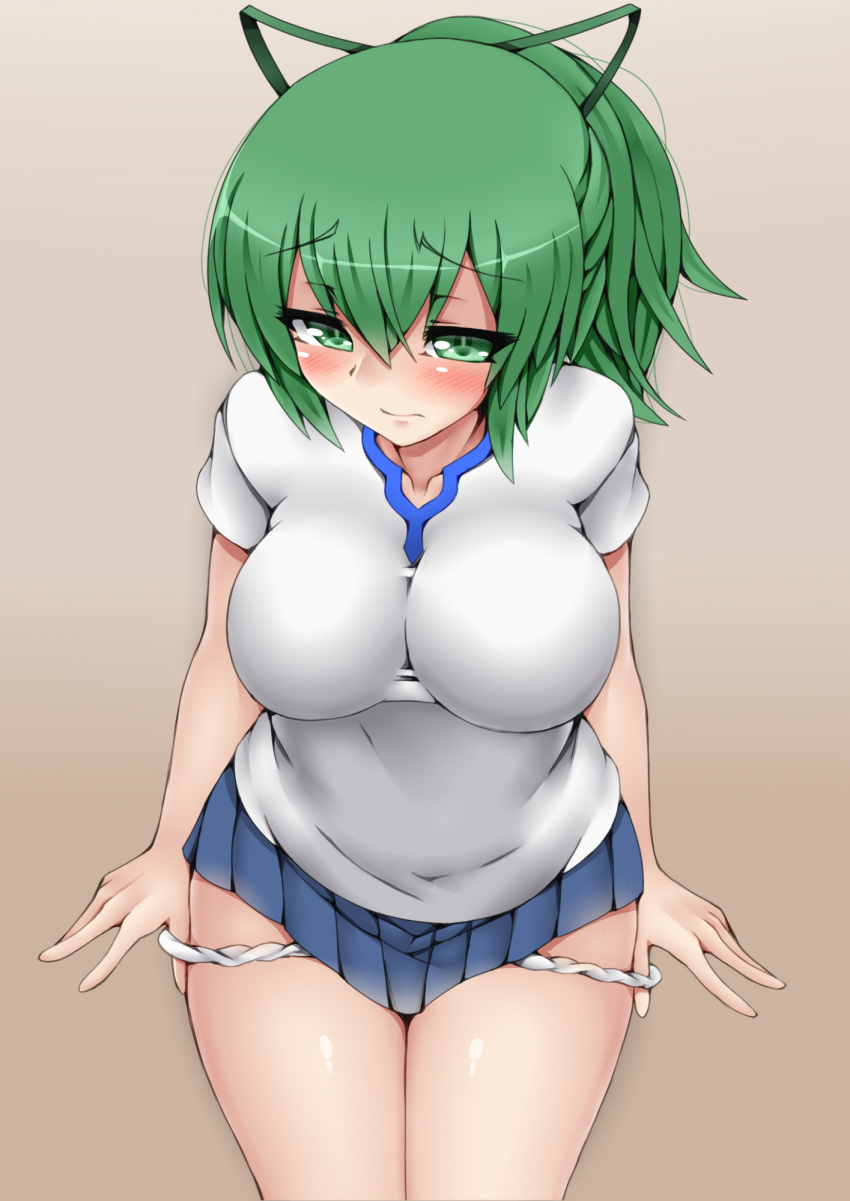 1girl, blush, breasts, collarbone, duel_monster, gradient, gradient_background, green_eyes