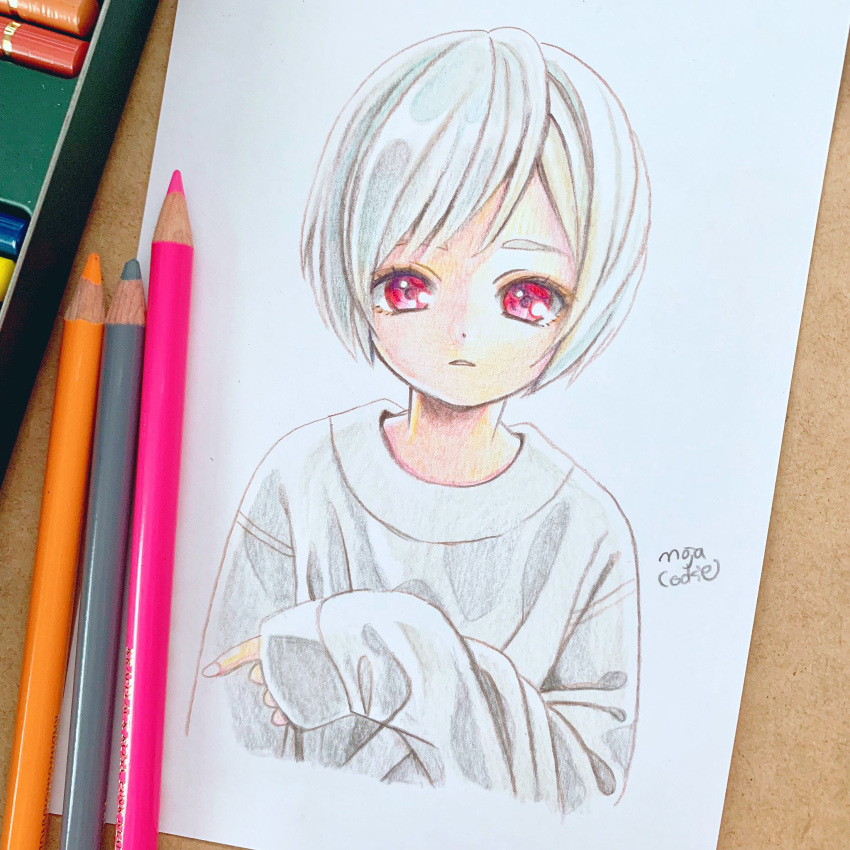 1girl, androgynous, bangs, colored_pencil_(medium), commentary_request, cropped_torso, highres, long_sleeves