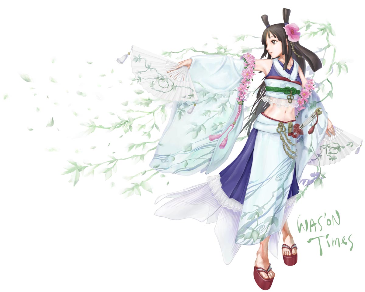 brown_hair, detached_sleeves, fan, flower, folding_fan, hair_flower, hair_ornament, long_hair