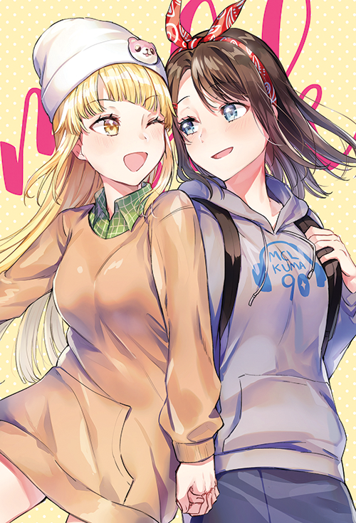 2girls, :d, ;d, backpack, bag, bandanna, bang_dream!, bangs, beanie, blonde_hair, blue_eyes, blush, brown_shirt, character_hat_ornament, clothes_writing, green_shirt, grey_hoodie, hair_ribbon, hand_holding, hat, holding_strap, hood, hood_down, long_hair, long_sleeves, looking_at_another, medium_hair, michelle_(bang_dream!), multiple_girls, okusawa_misaki, one_eye_closed, open_mouth, plaid, plaid_shirt, polka_dot, red_bandana, ribbon, shirt, sidelocks, smile, sweatshirt, tiny_(tini3030), tsurumaki_kokoro, white_headwear, yellow_background, yellow_eyes, yuri