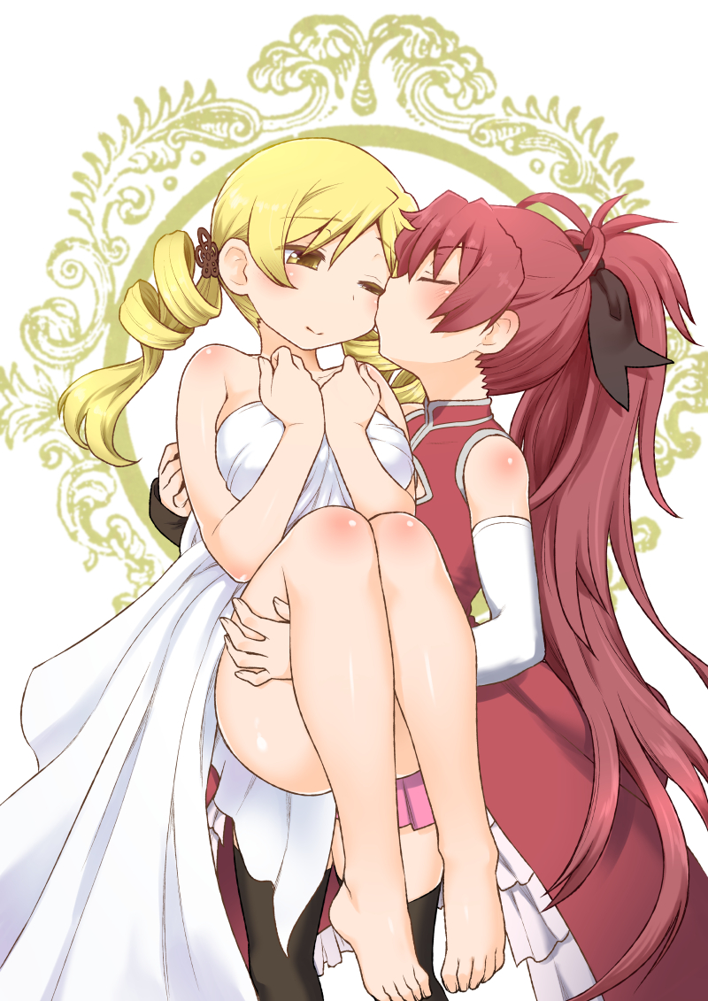 2girls, ;), bangs, bare_legs, bare_shoulders, barefoot, black_legwear, black_ribbon