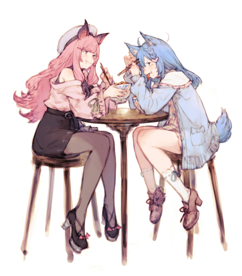 2girls, ahoge, animal_ear_fluff, animal_ears, animare, bare_shoulders, belt, black_skirt