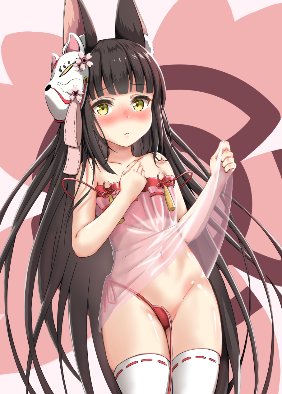 1girl, animal_ear_fluff, animal_ears, azur_lane, bangs, bare_shoulders, black_hair, blunt_bangs, blush, commentary_request, eyebrows_visible_through_hair, flat_chest, fox_ears, fox_mask, hand_on_own_chest, highres, lingerie, long_hair, looking_at_viewer, mask, mask_on_head, nagato_(azur_lane), navel, negligee, panties, panty_slip, red_panties, see-through, shiny, shiny_skin, solo, straight_hair, strap_slip, string_panties, thigh-highs, underwear, user_ujzx4875, yellow_eyes
