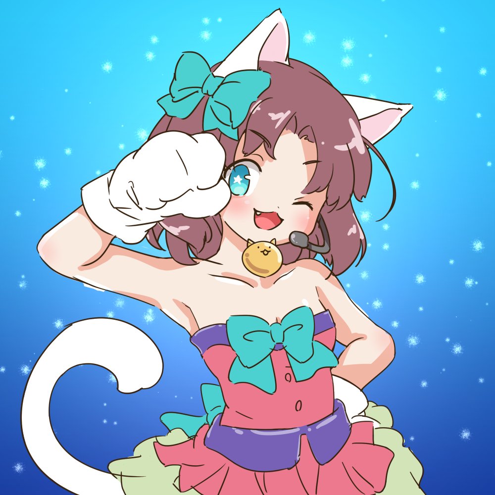 animal_ears, blue_background, blue_eyes, brown_hair, cat_(battle_cats), cat_ears, cat_paws, cat_tail, dress, microphone, moneko_(battle_cats), nyanko_daisensou, paws, pink_dress, ribbon, sakuragi0127, tail