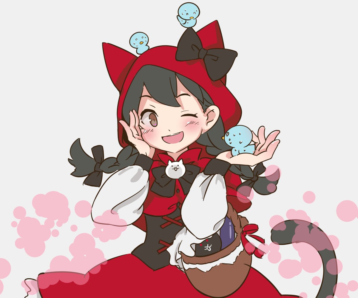 basket, bird, black_hair, braid, brown_eyes, cat_(battle_cats), cat_tail, happy, hood, minya, nyanko_daisensou, ribbon, sakuragi0127, tail
