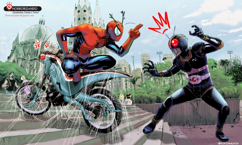 2boys, anger_vein, battle_hopper, building, church, crossover, kamen_rider, kamen_rider_black