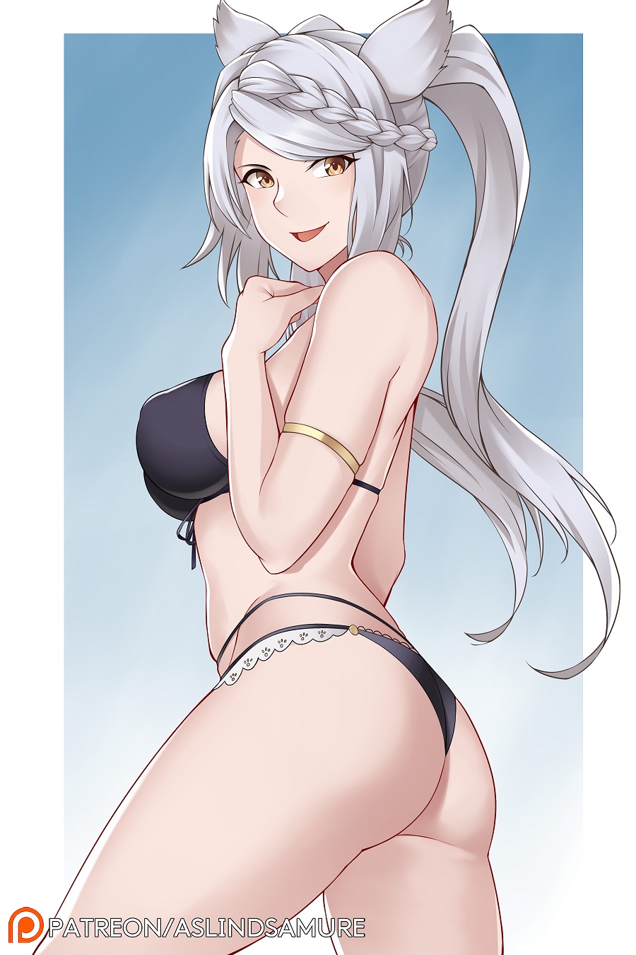 1girl, :d, animal_ears, armlet, aslindsamure, ass, bangs, bare_shoulders