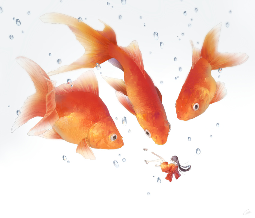 1girl, animal, bare_legs, brown_hair, bubble, fish, floating, from_behind