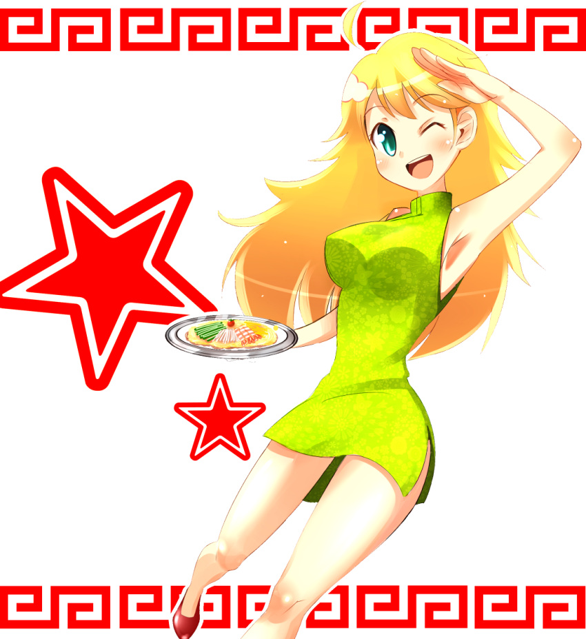 armpits, blonde_hair, green_eyes, highres, hoshii_miki, idolmaster, npon515, wink