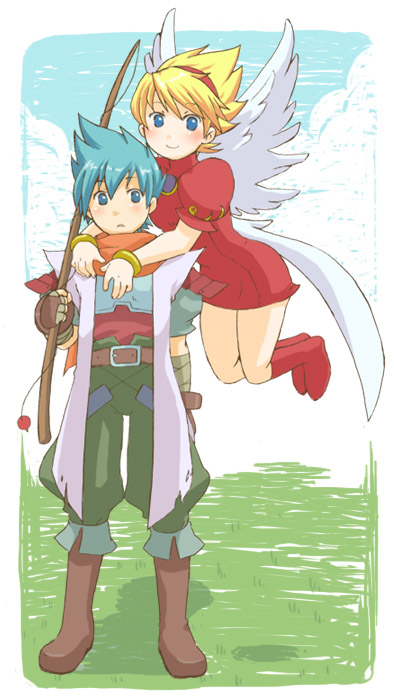 1boy, 1girl, angel_wings, blonde_hair, blue_eyes, blue_hair, boots, bracelet