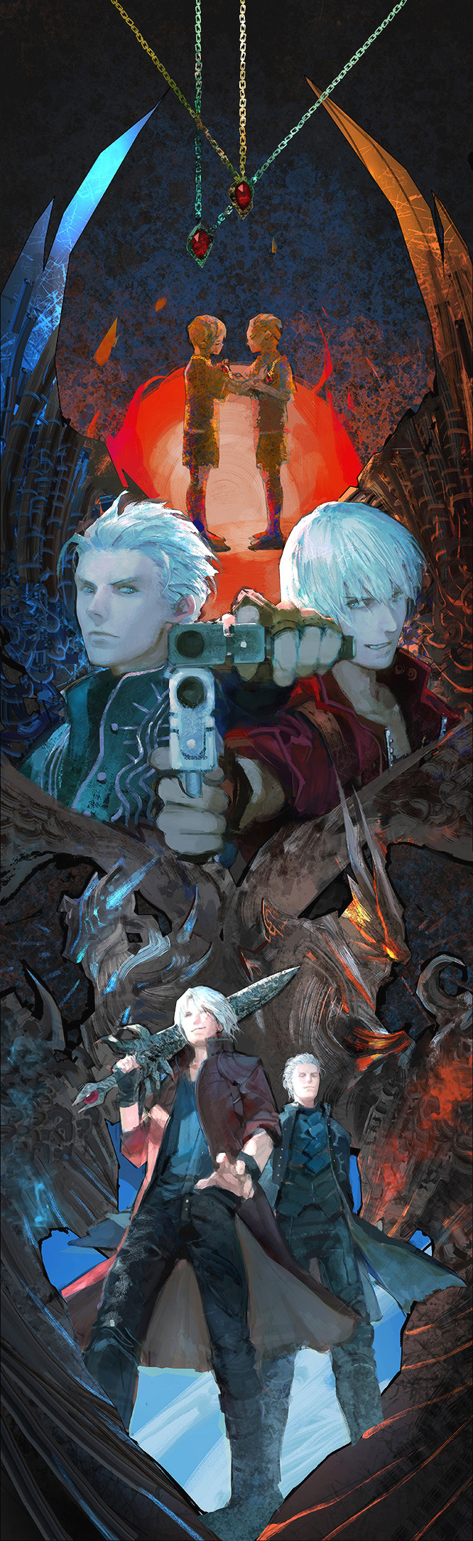 2boys, age_progression, aiming_at_viewer, amulet, brothers, chains, dante_(devil_may_cry), devil_may_cry