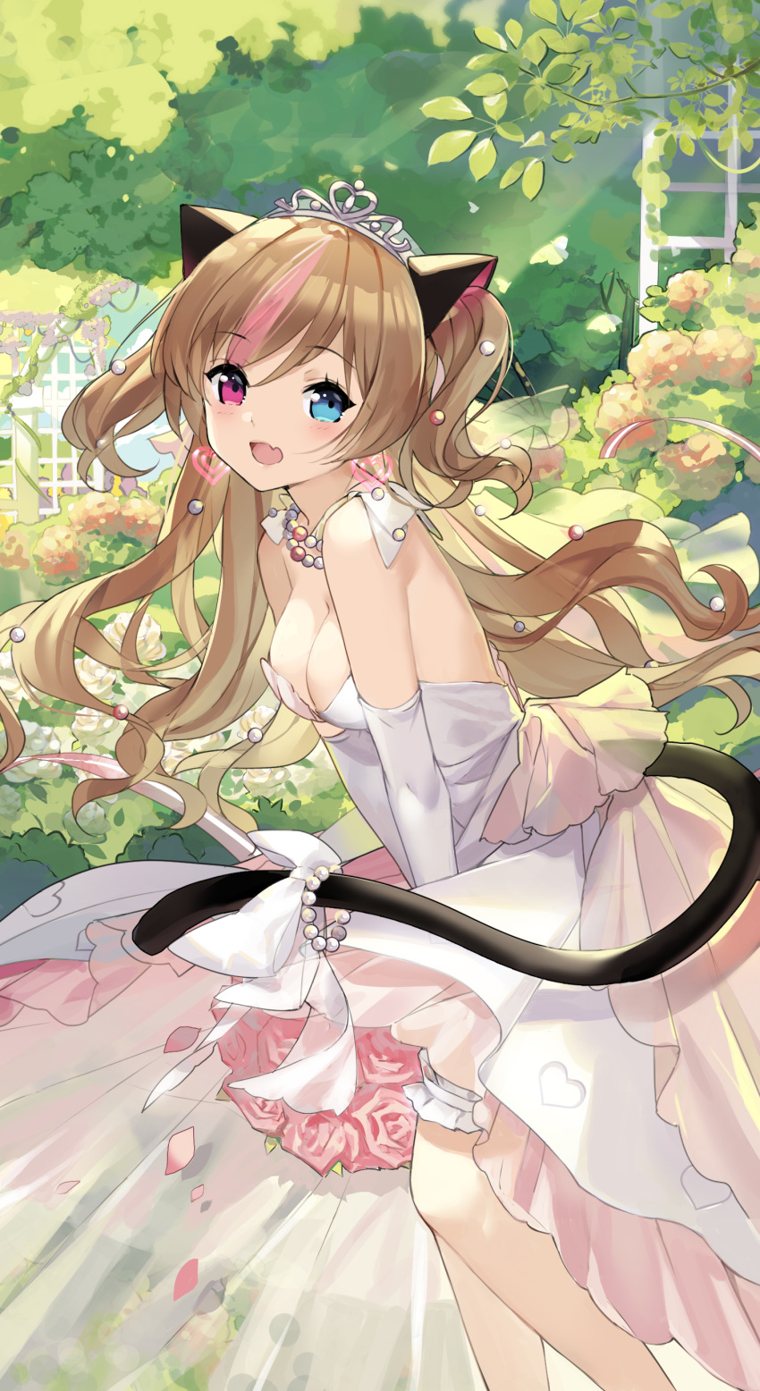 1girl, :d, absurdres, alternate_costume, bare_legs, bare_shoulders, beads, blue_eyes
