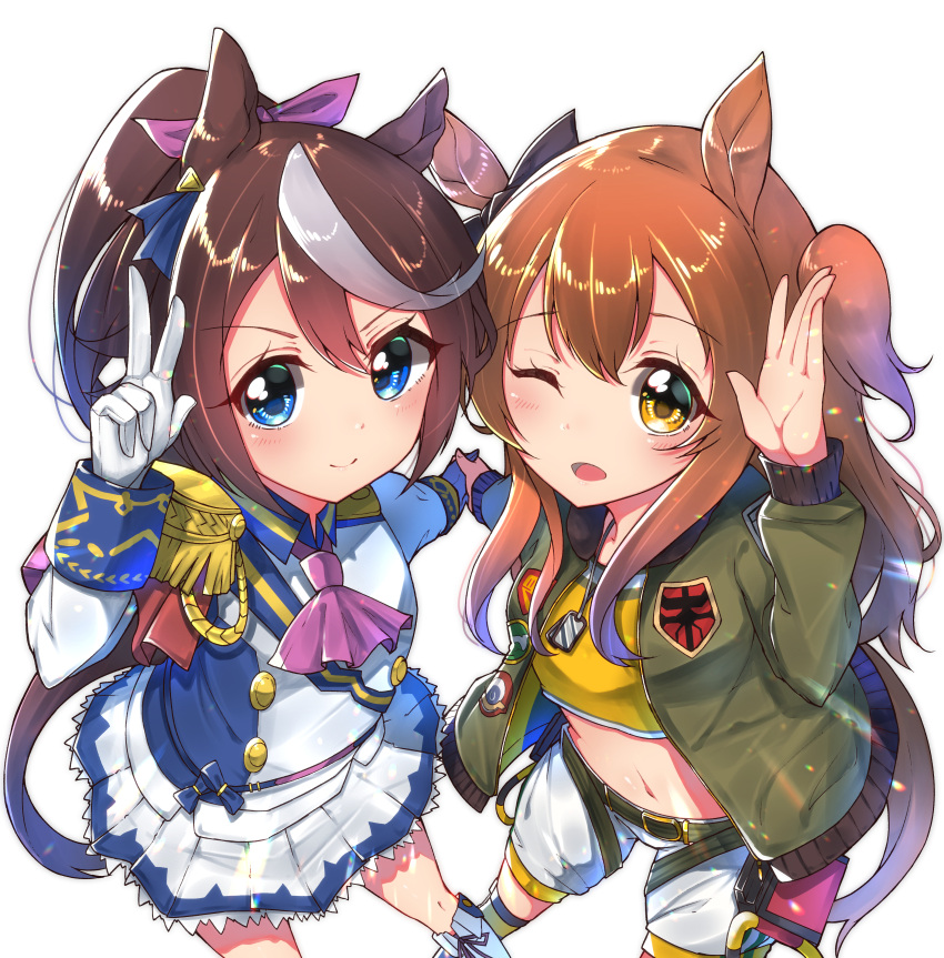 2girls, absurdres, animal_ears, belt, blue_eyes, boots, brown_hair, commentary_request