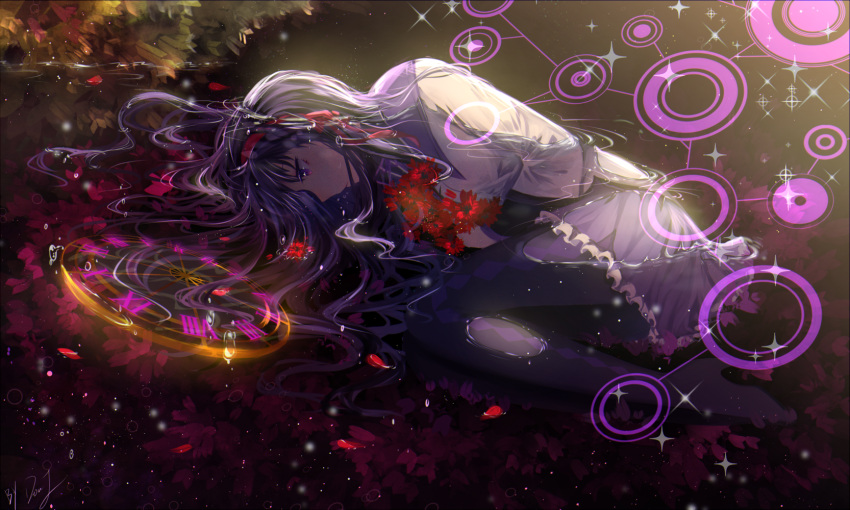 1girl, akemi_homura, doruje, flower, frilled_skirt, frills, hair_ribbon, hairband