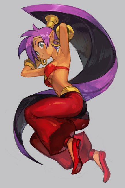 1girl, arabian_clothes, armpits, arms_up, black_panties, bracer, breasts, circlet, dark_skin, earrings, full_body, grey_background, hair_tubes, hankuri, harem_pants, hoop_earrings, jewelry, long_hair, medium_breasts, navel, o-ring, o-ring_top, panties, panties_over_clothes, pants, pointy_ears, pointy_shoes, ponytail, purple_hair, red_footwear, red_pants, shantae_(character), shantae_(series), shoes, smile, solo, under_boob, underwear, very_long_hair