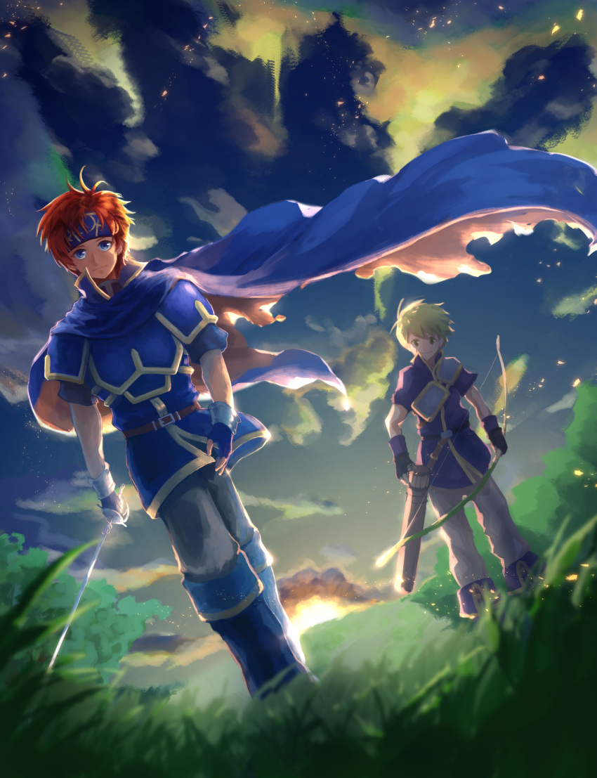 2boys, blue_eyes, bow_(weapon), cape, fingerless_gloves, fire_emblem, fire_emblem:_fuuin_no_tsurugi, gloves