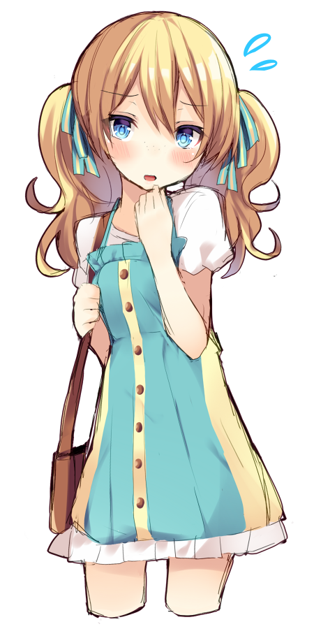 1girl, bag, bangs, blonde_hair, blue_bow, blue_dress, blue_eyes, blush