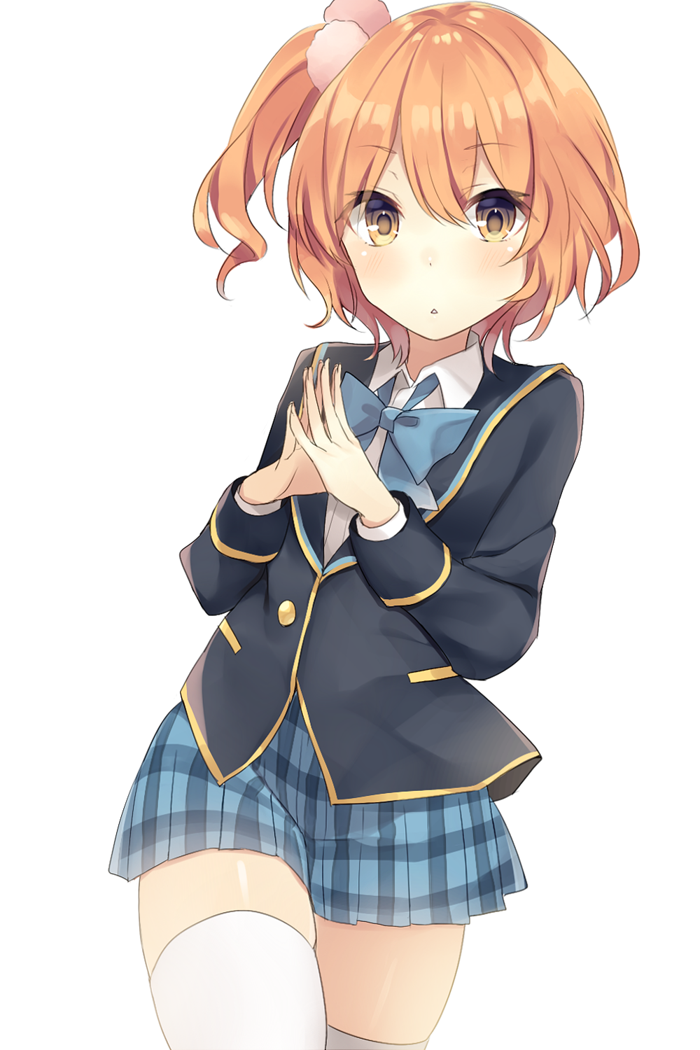 1girl, :<, bangs, black_jacket, blazer, blue_bow, blue_skirt, bow, brown_eyes, brown_hair, collared_shirt, dress_shirt, eyebrows_visible_through_hair, fingernails, girlfriend_(kari), hair_between_eyes, hands_up, highres, jacket, komomo_(ptkrx), long_sleeves, looking_at_viewer, one_side_up, parted_lips, plaid, plaid_skirt, shirt, simple_background, skirt, solo, steepled_fingers, thigh-highs, tomura_michiru, triangle_mouth, white_background, white_legwear, white_shirt