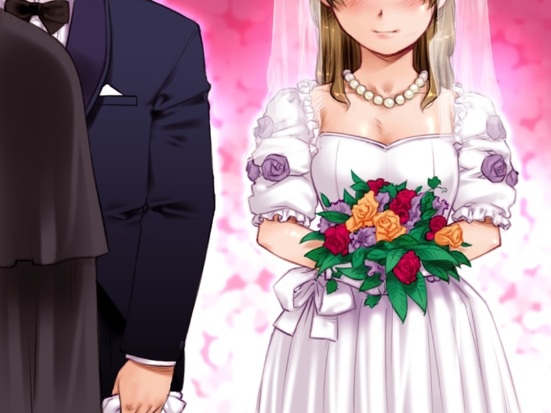 bouquet, bouquets, bridal_veil, bride, brown_hair, cassock, couple, dress, flower, formal, game_cg, happy, jewelry, kiriyama_taichi, maid_in_heaven, nagisa, necklace, pearl, pearls, priest, smile, suit, veil, wedding, wedding_dress