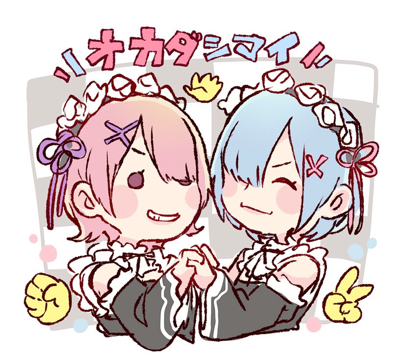 2girls, ^_^, akb48, blue_hair, blush, brown_eyes, closed_eyes, closed_eyes, commentary_request, cosplay, detached_sleeves, grin, hair_ribbon, hand_holding, maid, maid_headdress, multiple_girls, okada_nana, okada_rina, pink_hair, pink_ribbon, purple_ribbon, ram_(re:zero), ram_(re:zero)_(cosplay), re:zero_kara_hajimeru_isekai_seikatsu, real_life, rem_(re:zero), rem_(re:zero)_(cosplay), ribbon, rock_paper_scissors, short_hair, siblings, sisters, smile, taneda_yuuta, upper_body