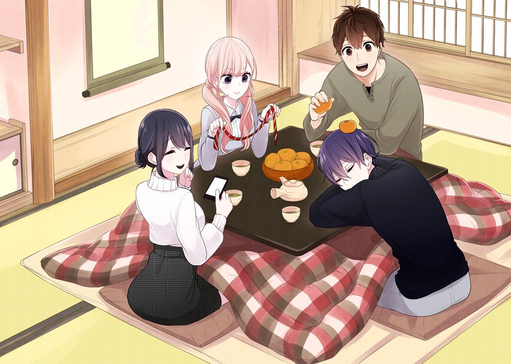 2boys, 2girls, bangs, black_hair, blonde_hair, blue_eyes, blush, brown_hair