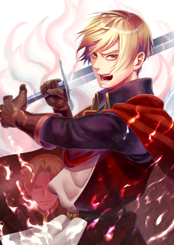 1boy, artist_name, belt, blonde_hair, blue_eyes, brown_eyes, brown_gloves, cape