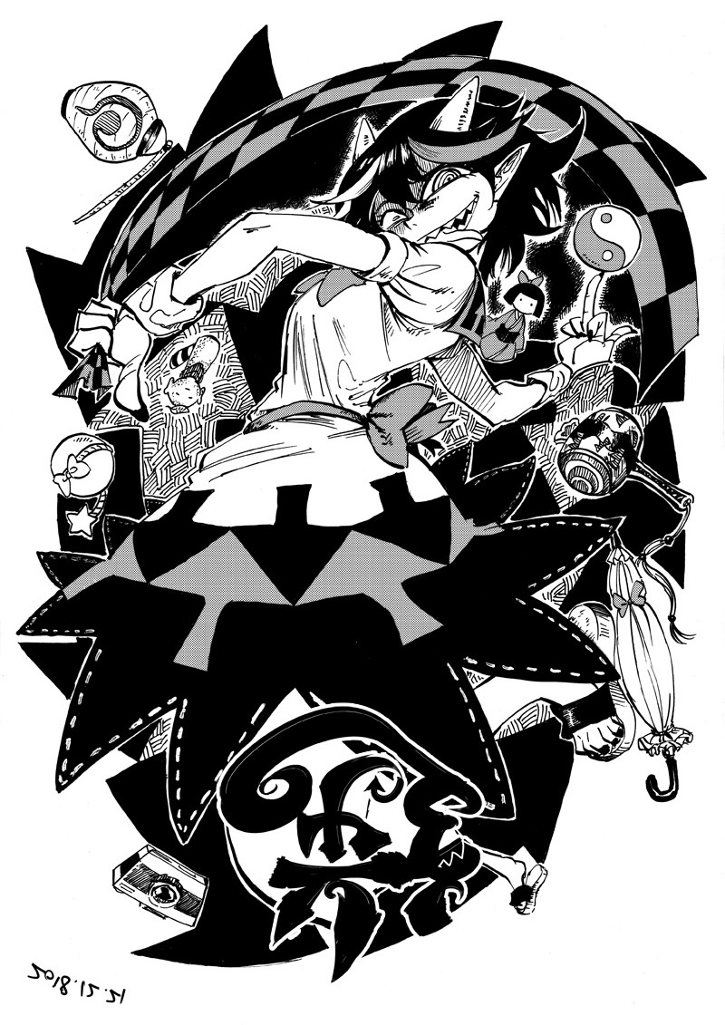 1girl, balancing, balancing_on_finger, black_hair, black_nails, blackcat_(pixiv), bomb, bow