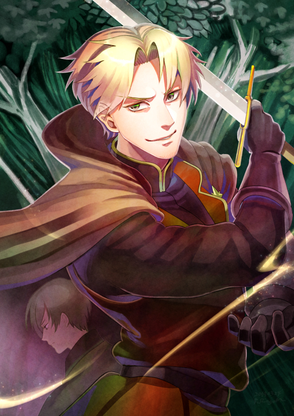 2boys, blonde_hair, brown_cape, brown_eyes, brown_gloves, cape, day, dylan_the_island_king