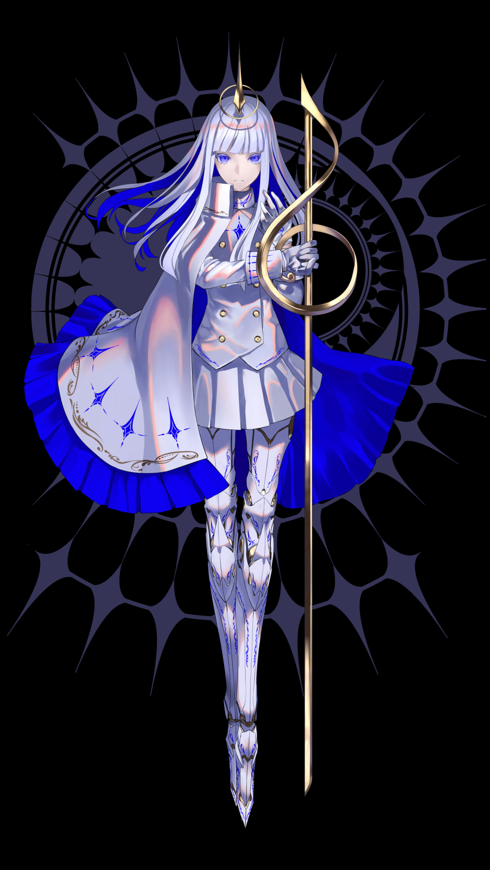 1girl, asymmetrical_clothes, blue_eyes, blue_hair, blue_theme, capelet, colored_eyelashes, expressionless