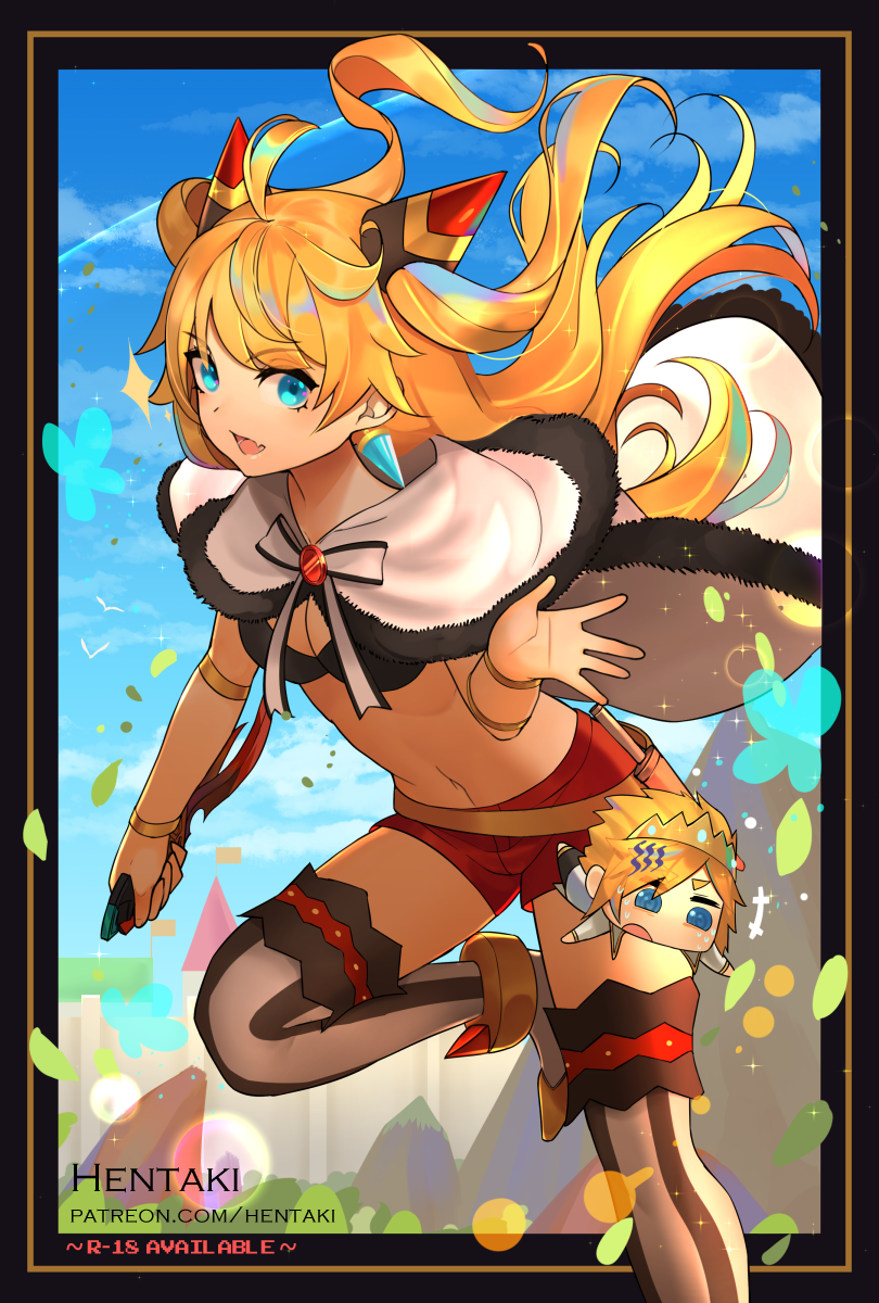 1boy, 1girl, :d, ahoge, artist_name, black_bikini_top, blonde_hair, blue_eyes