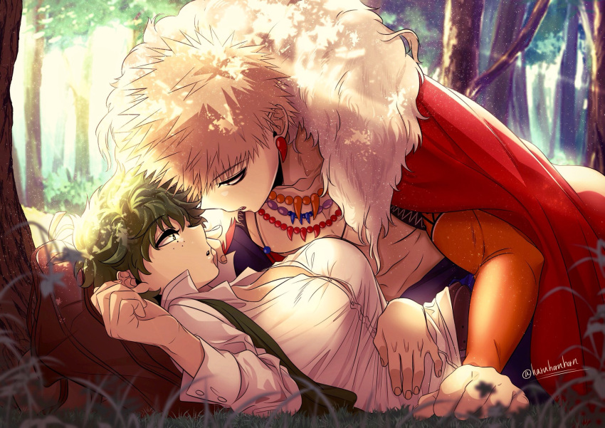 1boy, 1girl, alternate_costume, bakugou_katsuki, blonde_hair, boku_no_hero_academia, cape, earrings, eyebrows_visible_through_hair, freckles, fur_trim, genderswap, genderswap_(mtf), green_hair, haruhornhorn, highres, jewelry, lying, midoriya_izuku, necklace, on_back, red_cape, shirt, signature, tree, white_shirt
