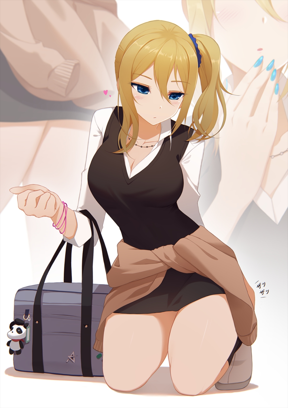 1girl, aqua_nails, bag, blonde_hair, blue_eyes, blush, bracelet, breasts