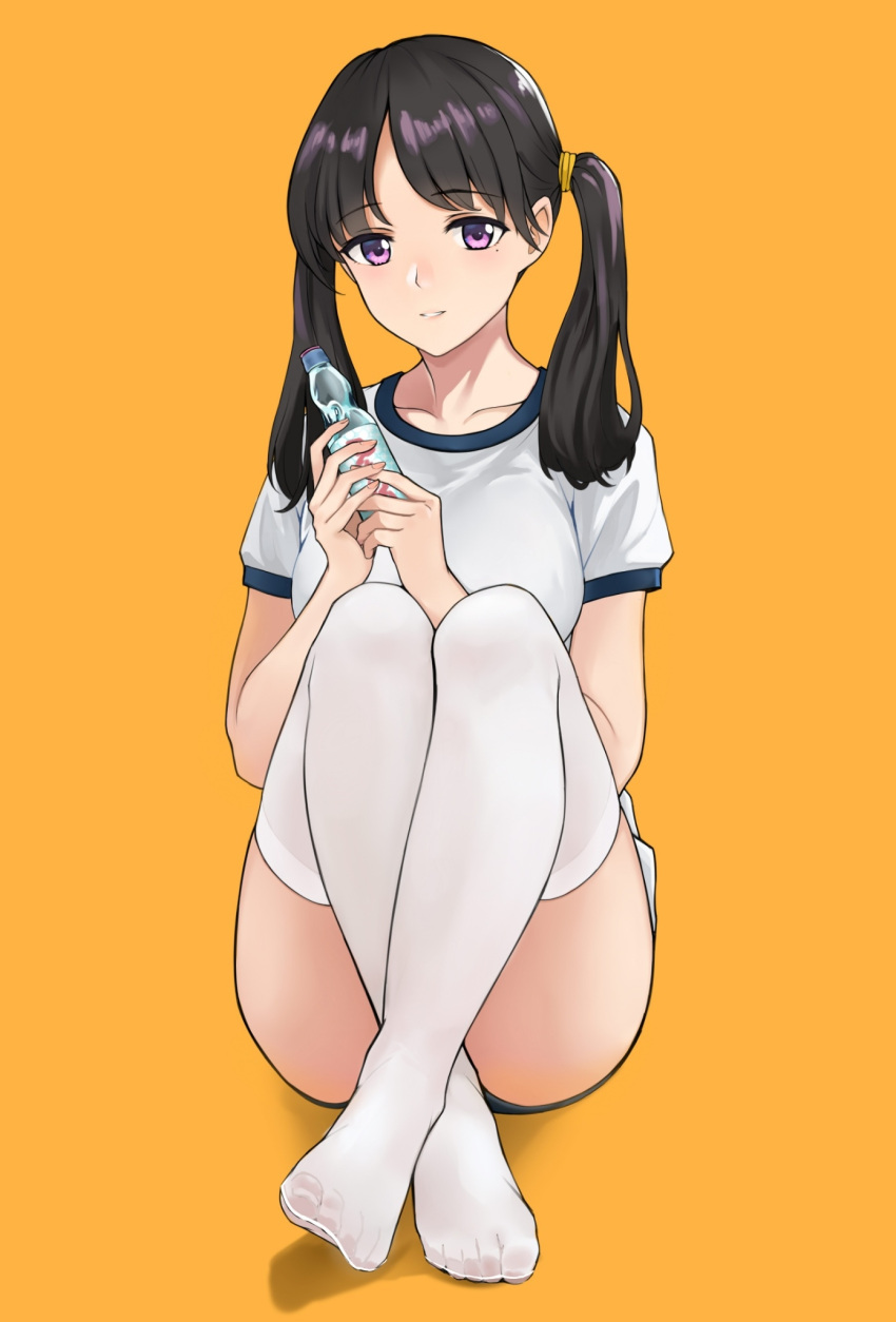 1girl, ass, bangs, black_hair, blue_buruma, bottle, breasts, buruma