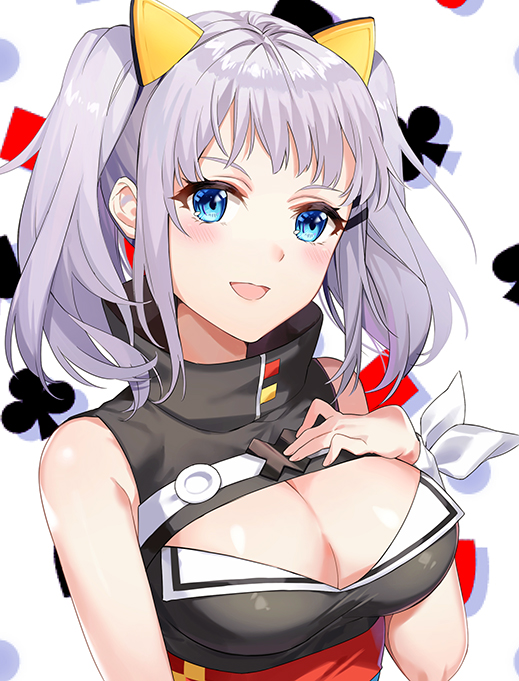1girl, :d, al_(ahr), blue_eyes, blush, breasts, cleavage, cleavage_cutout