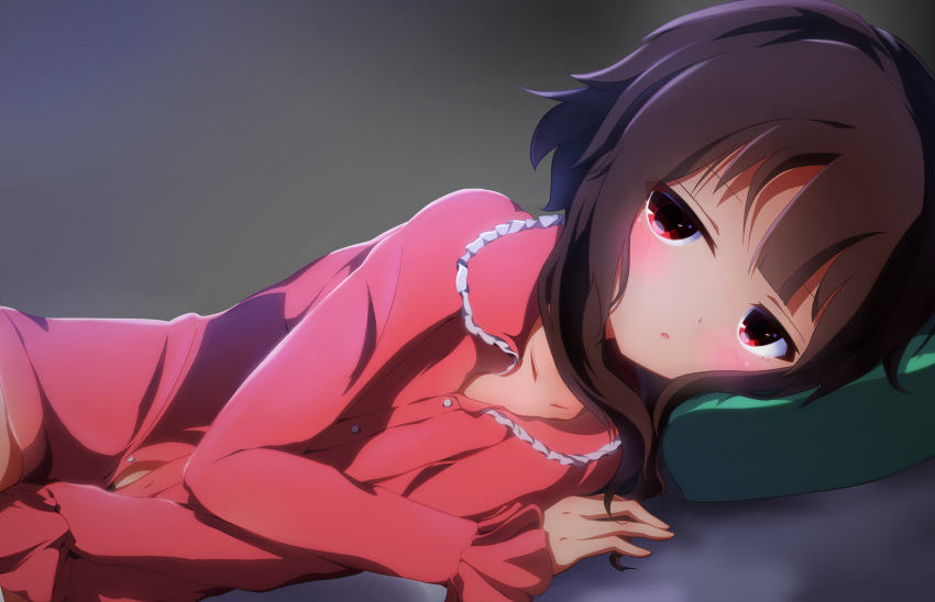 1girl, between_legs, black_panties, blush, commentary_request, hand_between_legs, highres, indoors, kono_subarashii_sekai_ni_shukufuku_wo!, looking_at_viewer, lying, megumin, on_bed, on_side, open_mouth, pajamas, panties, panty_peek, partially_unbuttoned, red_pajamas, short_hair_with_long_locks, solo, underwear, yuzukosyo43