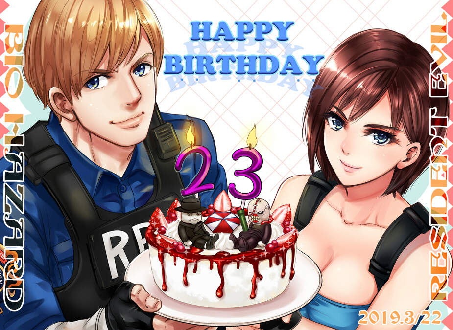 >:), 1boy, 1girl, 2019, bare_arms, bare_shoulders, birthday, black_gloves, blue_eyes, blue_shirt, blue_tubetop, breasts, brown_hair, cake, candle, capcom, cleavage, closed_mouth, collarbone, copyright_name, dated, english_text, eyebrows_visible_through_hair, fingerless_gloves, food, fruit, gloves, happy_birthday, hat, holding, holding_cake, jill_valentine, leon_s_kennedy, light_brown_hair, lips, looking_at_viewer, medium_breasts, mr.x, nagare, neck, nemesis, open_mouth, resident_evil, resident_evil_1, resident_evil_2, resident_evil_3, shiny, shiny_hair, shirt, short_hair, side-by-side, simple_background, strapless, strawberry, strawberry_cake, teeth, trench_coat, tubetop, upper_body, vest, zombie