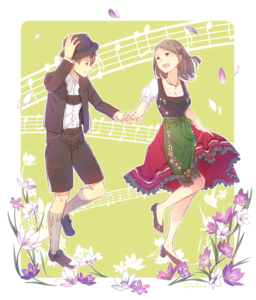 1boy, 1girl, black_jacket, black_shirt, black_shorts, braid, breasts, brown_eyes