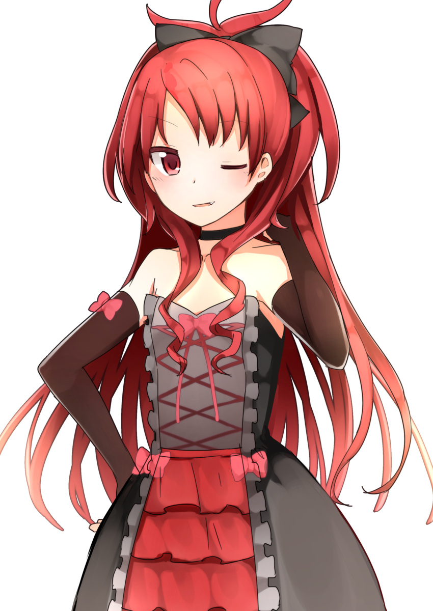 1girl, ;d, aabtcndneefkg, absurdres, black_hairband, black_sleeves, bow, choker, collarbone, detached_sleeves, flat_chest, floating_hair, hairband, hand_in_hair, hand_on_hip, highres, layered_skirt, long_hair, long_sleeves, looking_at_viewer, mahou_shoujo_madoka_magica, one_eye_closed, open_mouth, pink_bow, ponytail, red_eyes, red_skirt, redhead, sakura_kyouko, simple_background, skirt, smile, solo, standing, strapless, very_long_hair, white_background