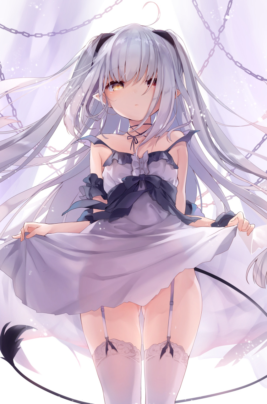 1girl, ahoge, choker, closed_mouth, cowboy_shot, demon_girl, dress, expressionless