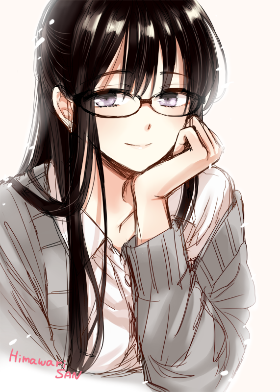 1girl, black-framed_eyewear, black_hair, cardigan, eyebrows_visible_through_hair, glasses, himawari-san, himawari-san_(character)