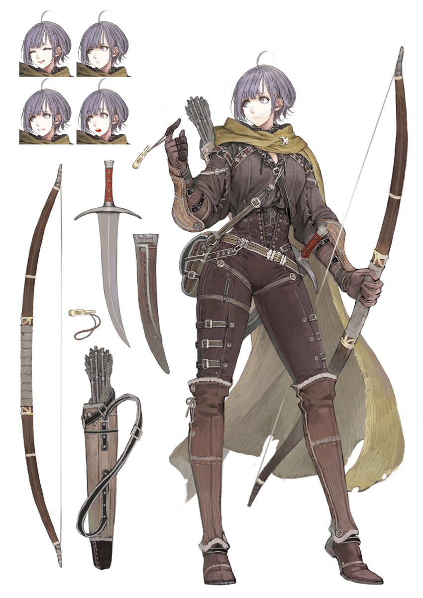 1girl, ahoge, angry, archery, arrow, boots, bow_(weapon), character_sheet